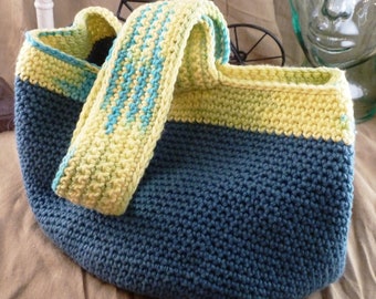 Country Blue and Yellow Cotton Bag, reusable bag, handmade bag, crochet bag, bag with ties
