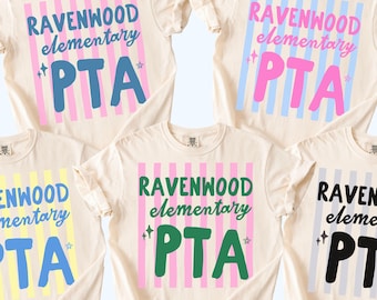 May include: Five cream-colored t-shirts featuring a vertical striped background and the text "RAVENWOOD elementary PTA" with small star icons. The designs vary in color combinations, including blue, pink, yellow, green, and black ink prints.