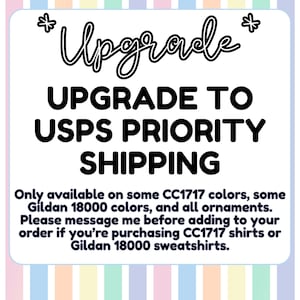 Puede incluir: Gráfico rectangular blanco con la palabra "Upgrade" en fuente cursiva, encima del texto "UPGRADE TO USPS PRIORITY SHIPPING" en negrita, letras negras. Texto adicional debajo.