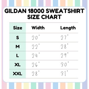 Pode incluir: Uma tabela de tamanhos para sweatshirts Gildan 18000, mostrando as medidas de largura e comprimento em polegadas para os tamanhos S, M, L, XL e XXL.