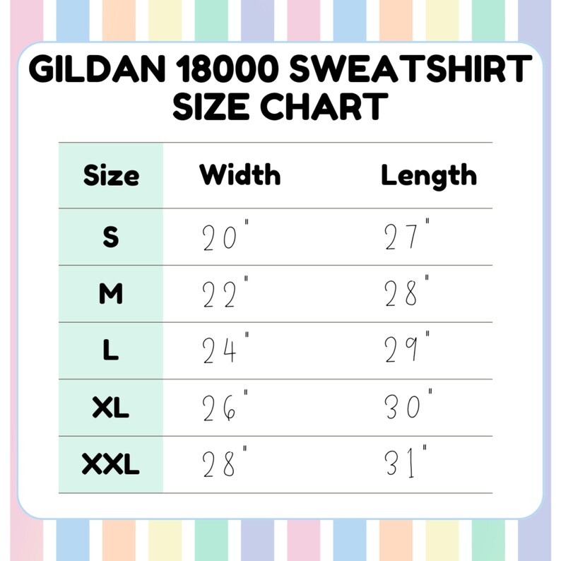 Pode incluir: Uma tabela de tamanhos para sweatshirts Gildan 18000, mostrando as medidas de largura e comprimento em polegadas para os tamanhos S, M, L, XL e XXL.