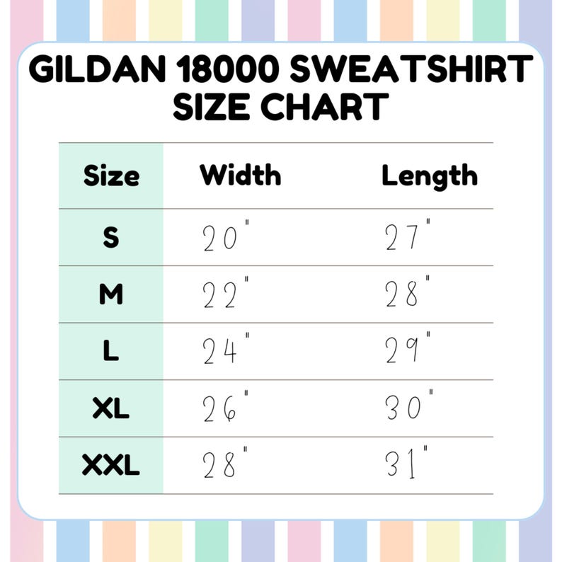 K&ouml;nnte beinhalten: Eine Gr&ouml;&szlig;entabelle f&uuml;r Gildan 18000 Sweatshirts, die die Breite und L&auml;nge in Zoll f&uuml;r die Gr&ouml;&szlig;en S, M, L, XL und XXL zeigt.