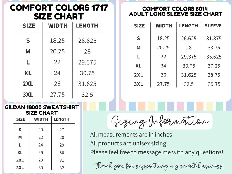 May include: Size charts for Comfort Colors 1717, Comfort Colors 6014 adult long sleeve, and Gildan 18000 sweatshirt. Charts show sizes S-3XL with width and length measurements in inches. Unisex sizing information is also included.