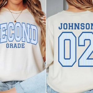 May include: An off-white short-sleeve t-shirt featuring blue text on the front that reads SECOND GRADE in a varsity font. The back of the shirt displays the name JOHNSON above the number 02 in a large blue varsity font with white stripes.