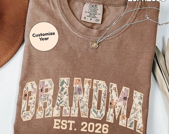 Custom Comfort Colors Floral Grandma Shirt Promoted to Grandma Established 2026 Mothers Day Gift Pregnancy Announcement to Grandparents