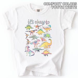 May include: White youth t-shirt with a colorful dinosaur graphic. The shirt features the phrase "it's okay to" above various dinosaur illustrations. The dinosaurs are in various colors and poses, with encouraging words.