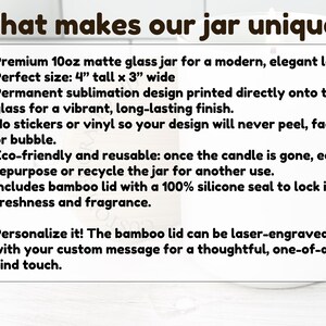 May include: A white matte glass jar with a bamboo lid. The text on the image says "What makes our jar unique?" and lists features like a permanent design, eco-friendly, and reusable. The jar is 4 inches tall and 3 inches wide.