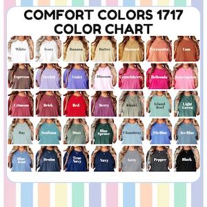 May include: Color chart showing 36 different colors of t-shirts. The colors are arranged in rows and columns, with the names of each color listed below the corresponding t-shirt.