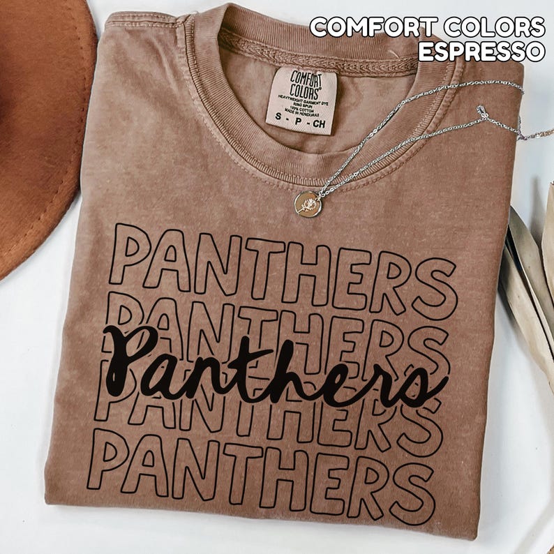 May include: Espresso-colored t-shirt with the word "Panthers" printed multiple times in black. The shirt has a crew neck and a small tag. A silver necklace with a pendant is draped across the shirt. The words "Comfort Colors" and "Espresso" are printed at the top.
