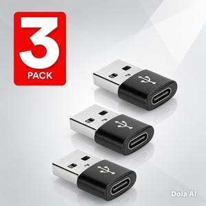 May include: A 3 pack of USB adapters featuring a silver USB-A male connector on one end and a black USB-C female port on the other. Each adapter is marked with a white USB symbol. The text 3 PACK is displayed in white on a red rectangular background.
