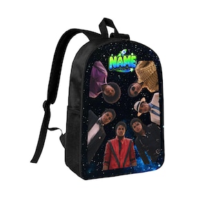 May include: A black backpack featuring a space-themed background with stars and a galaxy print. The front panel displays six images of a person in various outfits, including a red jacket, and the word NAME in green and blue bubble letters.