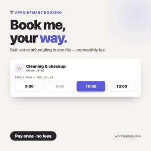 May include: A digital interface for appointment booking with the text "Book me, your way." and "Self-serve scheduling in one file — no monthly fee." It displays a "Cleaning & checkup" service option for 60 min at $120, with time slots.