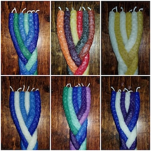 May include: Six braided candles in various colors, including white, yellow, green, blue, purple, and red. The candles are braided together to create a unique and decorative design.