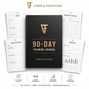 May include: A black 90-Day Training Journal with gold lettering and a central logo. The journal is surrounded by four white pages featuring sections for goals, workout tracking, weekly reviews, and progress charts, with icons for tracking fitness.