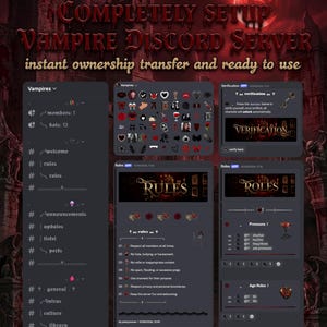 May include: A digital display of a pre-configured Discord server themed around vampires. The interface features dark grey panels with gothic-style text, custom channel names like welcome, rules, and roles, and a collection of red and black icons.