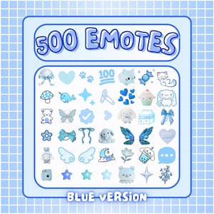 Könnte beinhalten: Eine digitale Sammlung von 500 blau gestalteten Emotes in einem Raster. Das Set enthält verschiedene Symbole wie Schleifen, Herzen, Sterne, Tiere, Blumen, Lebensmittel und Himmelskörper, die alle in Blau- und Weißtönen auf einem Rasterhintergrund dargestellt sind.