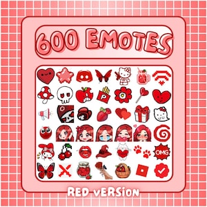 May include: A digital collection of 600 emotes in a red color palette, displayed on a grid. The set includes various icons such as hearts, a skull, a strawberry, a butterfly, a cat character, and facial expressions, all labeled 600 EMOTES RED VERSION.