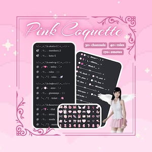 May include: A digital graphic titled Pink Coquette featuring two dark panels displaying server channel lists with decorative text symbols, pink icons, and a character with white wings wearing a white top and pink skirt on a pink background.