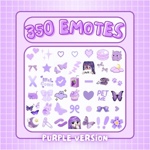 Puede incluir: Una colección digital de 350 emoticonos de color morado con varios iconos como corazones, estrellas, mariposas, lazos, un zumo de uva, un teléfono, un cupcake, un macaron y personajes con el texto 350 EMOTES PURPLE VERSION.