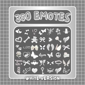 Könnte beinhalten: Eine digitale Sammlung von 350 weißen Emotes auf dunkelgrauem Hintergrund. Die Grafik zeigt verschiedene Symbole wie Herzen, Schmetterlinge, Flügel, Schleifen, einen Teddybären, eine Rose, einen Schlüssel und Texte wie "i love u", "ilysm", "gives kith" und "angel".