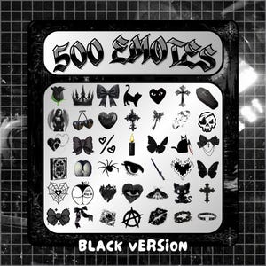Puede incluir: Una colección digital de 500 emoticonos en versión negra, que presenta una cuadrícula de varios iconos que incluyen rosas, coronas, lazos, gatos, corazones, cruces, ataúdes, calaveras, arañas, ojos, mariposas y polillas, con el texto 500 EMOTES y BLACK VERSION.
