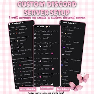 Könnte beinhalten: Eine digitale Anzeige mit drei benutzerdefinierten Discord-Server-Layouts mit dunklem Hintergrund, weißem Text und dekorativen Symbolen. Der Text lautet CUSTOM DISCORD SERVER SETUP, I will revamp or create a custom discord server, Lovely Quality, Affordable, Fast & Cute und Your server glow up starts here!