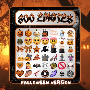 May include: A digital collection of 800 Halloween-themed emotes featuring pumpkins, ghosts, skulls, bats, witches' hats, black cats, and various spooky icons. The graphic includes the text 800 EMOTES at the top and HALLOWEEN VERSION at the bottom.