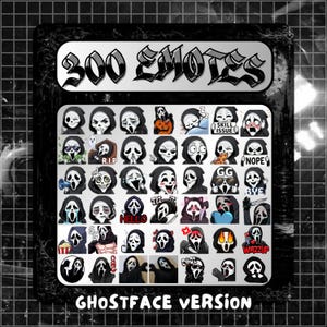 Könnte beinhalten: Eine digitale Sammlung von 300 Ghostface-Charakter-Emotes mit verschiedenen Ausdrücken und Aktionen. Das Set enthält Symbole mit Texten wie R.I.P, SKILL ISSUE, NOPE, GG, BYE, HELLO und WAZZUP, die den Charakter in unterschiedlichen Szenarien zeigen.
