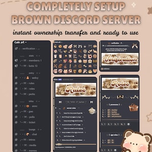 May include: A digital display of a brown-themed Discord server layout featuring text that reads COMPLETELY SETUP BROWN DISCORD SERVER, instant ownership transfer and ready to use, along with various channel lists, rules, and role selection menus.