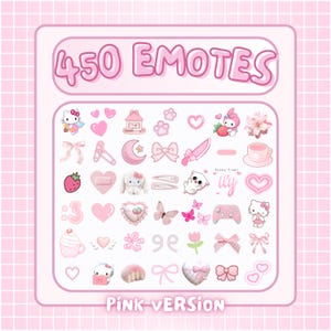 May include: A digital collection of 450 pink-themed emotes featuring various icons including cartoon characters, hearts, bows, flowers, butterflies, food items, and gaming controllers, all displayed on a grid with the text 450 EMOTES PINK VERSION.