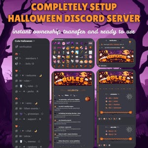 May include: A digital display of a pre-configured Halloween-themed Discord server. The interface shows channel lists, custom emojis, and rule pages with orange text and pumpkin graphics against a dark purple background with tree silhouettes.