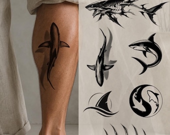 Shark Tattoo Design Collection, White Ocean Predator, Fine Line Sea Art (PNG JPG)