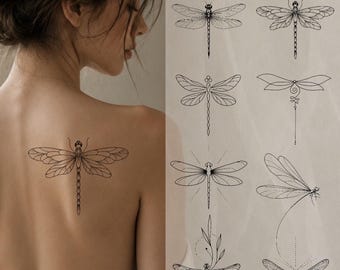 Disegni di tatuaggi di libellule a linee sottili, insetti botanici minimalisti PNG JPG (Download digitale)