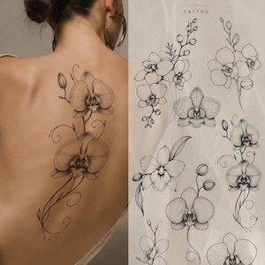 Disegni di tatuaggi di orchidee a linee sottili, stencil floreali botanici (PNG JPG)
