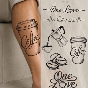 Conjunto de tatuajes de café / Taza de café, granos, cafetera moka, One Love (Descarga digital)
