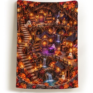 May include: A rectangular wall tapestry featuring a detailed autumn scene of a multi-level stone village built into a cave. The scene includes small white ghosts, numerous glowing orange pumpkins, cascading waterfalls, stone staircases, and fall foliage.