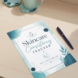 May include: A Skincare Consistency Tracker daily face care log sheet with blue watercolor circles, geometric shapes, and leaf illustrations. The page features a water drop icon and text. A dark blue pen rests beside the paper, with a light blue mug nearby.