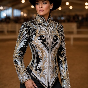 May include: A black cowboy hat and a long-sleeved jacket featuring a high collar, a front zipper, and intricate gold, white, and black filigree patterns embellished with numerous clear crystals and rhinestones throughout the garment.