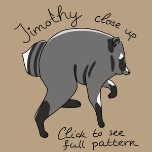 May include: A digital illustration of a grey raccoon with black markings and a striped tail, shown in profile. The text "Timothy close up" appears above the raccoon, and the text "Click to see full pattern" is positioned below the animal.