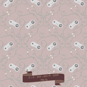 Può includere: Un motivo digitale continuo con controller per videogiochi grigio chiaro su sfondo rosa polvere, decorato con sottili viticci verde salvia e piccoli fiori bianchi. Un banner marrone scuro riporta 12 x 12 - 3600 x 3600 PX - 300DPI PNG File.