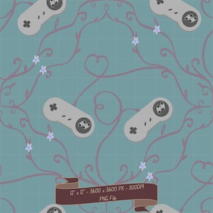 May include: A digital pattern featuring light gray video game controllers arranged on a muted blue background with thin purple vines and small light blue flowers. A brown banner at the bottom displays the text 12 x 12 - 3600 x 3600 PX - 300DPI PNG File.