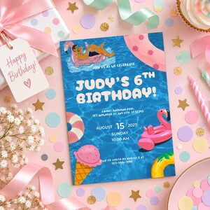 夏のプールパーティー誕生日招待状、裏庭での水遊びキッズパーティー、デジタルダウンロード、モバイルおよび5x7テンプレート