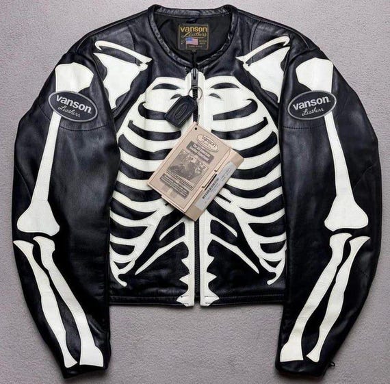 Vanson, Vanson Skeleton Motorcycle Leather Jacket, Genuine Cowhide Leather Coat, Racing Biker Punk Gothic Outerwear