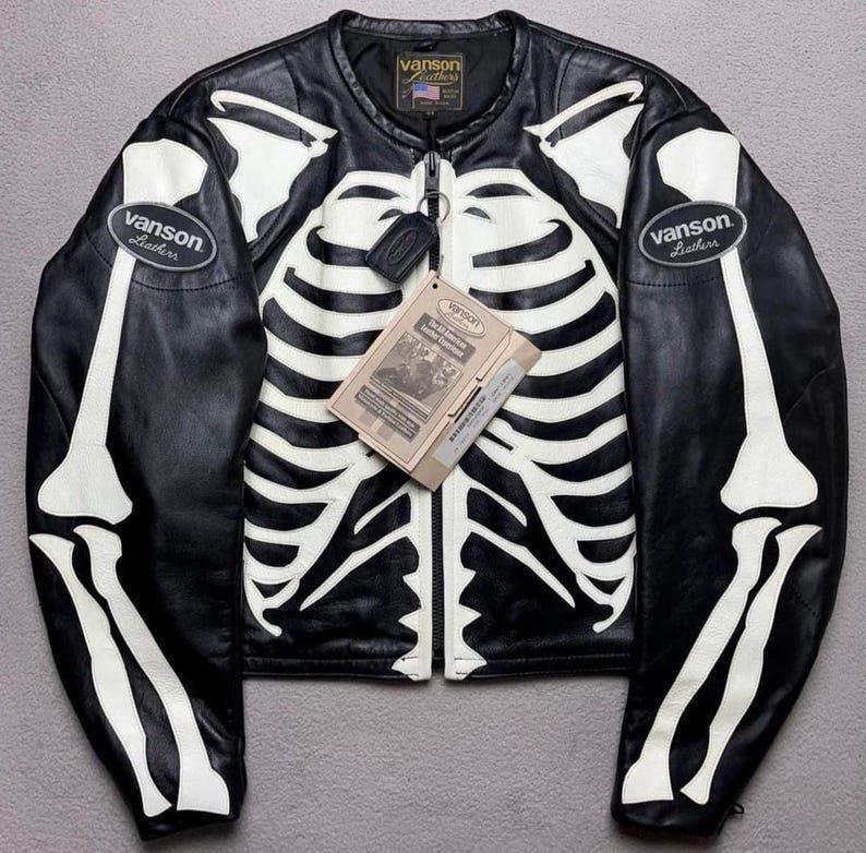Vanson, Vanson Skeleton Motorcycle Leather Jacket, Genuine Cowhide Leather Coat, Racing Biker Punk Gothic Outerwear