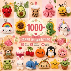 Può includere: Una collezione digitale di 1000+ schemi per portachiavi all'uncinetto con vari design amigurumi come fragola, avocado, tè boba, polpo, ape, arcobaleno, girasole, dinosauro, unicorno, orso, cupcake, ciliegia, zucca, pinguino, ciambella, rana, coniglio, balena, taco, stella e cactus.