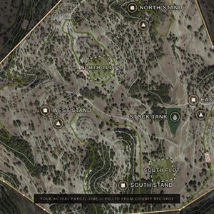 May include: A topographic map of a land parcel featuring contour lines, labeled North, West, East, and South stands, North and South plots, and a stock tank. The map includes a boundary line labeled Your Actual Parcel Line - Pulled From County Records.