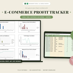 Pode incluir: Um modelo de planilha de rastreamento de lucros de e-commerce para Microsoft Excel e Google Sheets. A tela mostra seis gráficos de dados, incluindo lucro líquido, receita e detalhamento de custos, ao lado de uma tabela de registro de pedidos.
