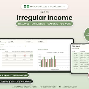 Irregular Income Budget Spreadsheet | Freelancer Finance Planner (Google Sheets, Excel)