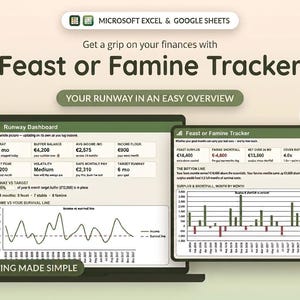 Może przedstawiać: Cyfrowy szablon arkusza kalkulacyjnego dla Microsoft Excel i Google Sheets o nazwie Feast or Famine Tracker. Interfejs zawiera pulpit nawigacyjny z wykresami danych, liniami dochodów w stosunku do linii przetrwania oraz miesięcznymi wskaźnikami.