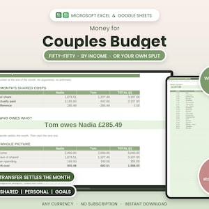 Puede incluir: Una hoja de cálculo de presupuesto digital para parejas compatible con Microsoft Excel y Google Sheets. La interfaz muestra costos compartidos, ingresos y seguimiento de gastos con tablas tituladas The Month's Shared Costs y The Whole Picture.
